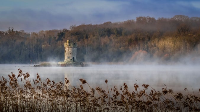 Crighton Tower and Gad Island in Winter Mist